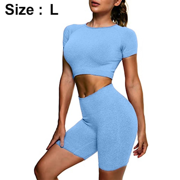 Sports Tops Women Fashion Crop Top Shorts Crop Tops Sports Outfit Women Fitness Set Compression Sportswear for Yoga Gym (L, Sky Blue)