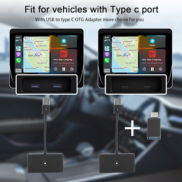 Auton langaton sovitin, langallinen langattomaan auton langattomaan sovittimeen autoille vuodesta 2016 alkaen IOS 10:lle ja sitä uudemmille, musta