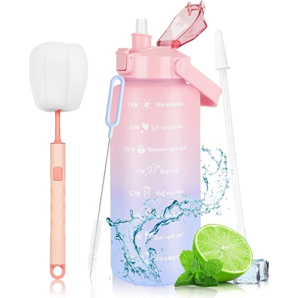 2 liter vattenflaska med sugrör och motiverande tidsmärkningar, stor dryckesflaska för sport, 2 l läckagesäker vattenflaska(rosa)