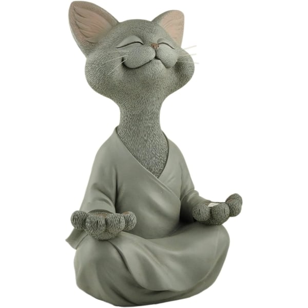 Finurlig Grå Kat Buddha Mediterende Statue Indendørs Udendørs Havedekoration Skulptur - Happy Cat Collection - Katteelsker gaver til kvinder, kat