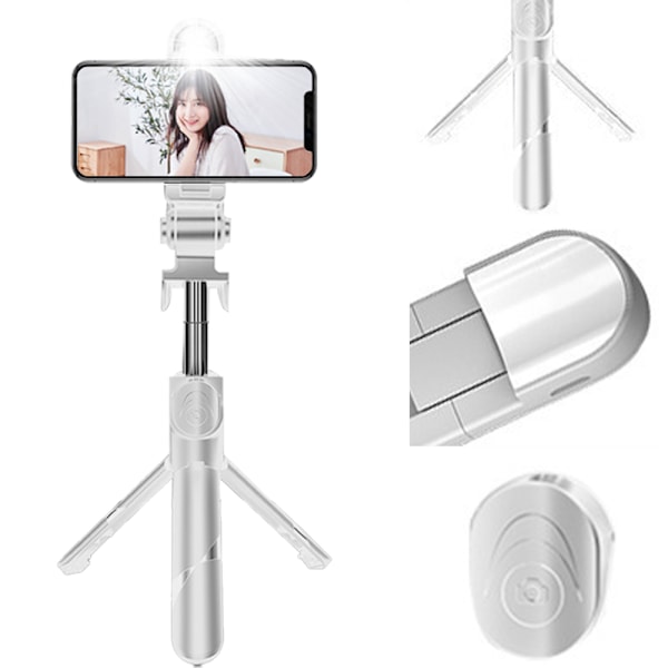 Selfie Stick Stativ med Fjärrkontroll och LED-Ljus, Utökbar Selfie Stick för iPhone och Android Smartphone Bästa Present till Kvinnor, Vit