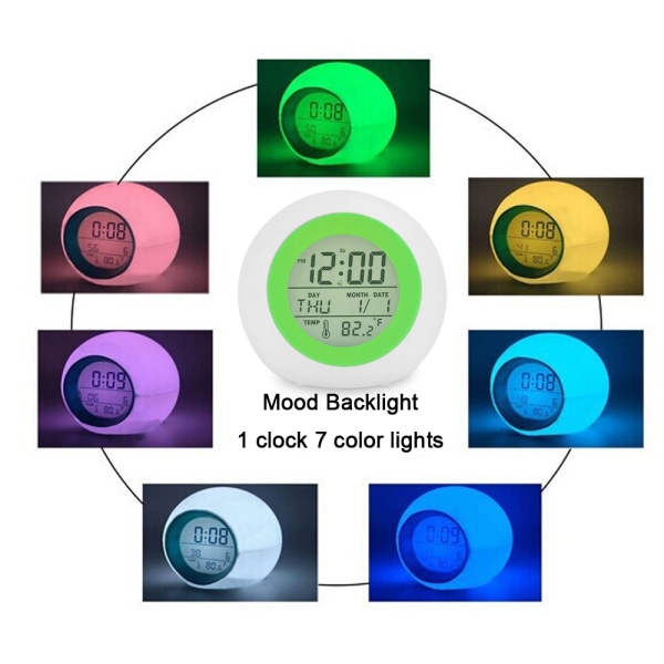 Digital vekkerklokke for barn, 7 farger nattlys, slumre,