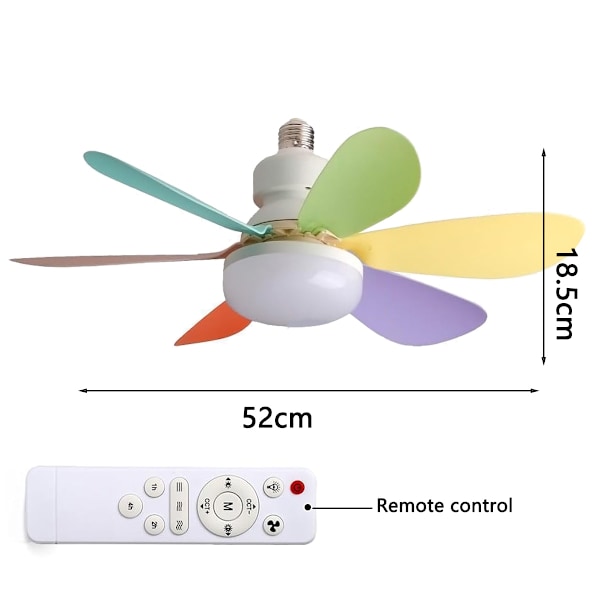 Sokkelviftelampe med fjernkontroll, skrutakmonterte vifter med lys, E27 sokkel lyspære vifte, 3 farger 3000K-6000K dimmbare sokkelvifte med lys for Colourful