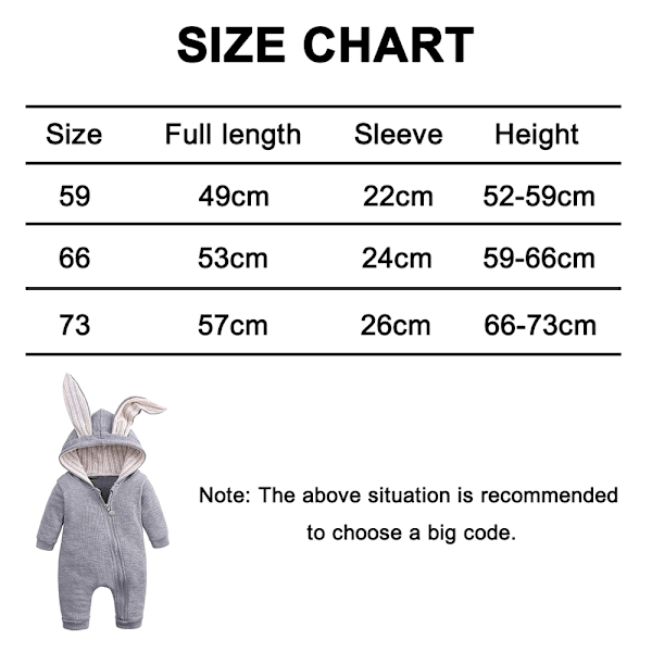 Bebisflickor och pojkar Onesies Bomullsrompers Kaninöron Långärmad Dragkedja Romper Kaninpyjamas för bebis (73 cm, Grå)