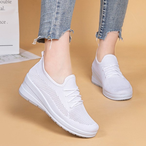 Vita stickade sneakers för kvinnor, elastiska, lätta, andningsbara, mesh, mode sneakers, söta, flygande vävda loafers