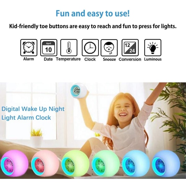 Kinderwecker, 7 Farben LED Lichtwecker, 12/24 Stunden Digitaluhr Licht