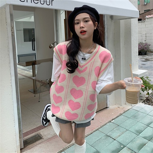 Waistcoat Vest V Neck Sleeveless Loving Heart Pattern Casual Knitted Sweater for Students Women Pink Free Size