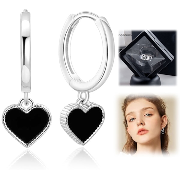 Hoopörhängen i Sterling Silver med Svart Hjärta, Hjärta Drop Örhängen, Silverörhängen för Kvinnor Smycken Presenter till Flickor