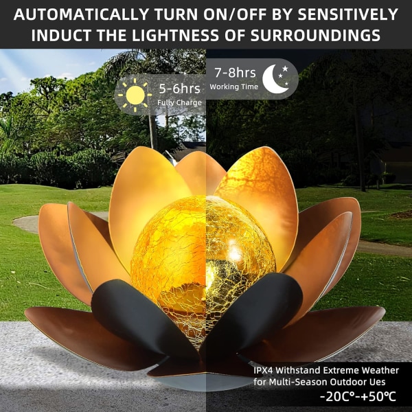 Solar Lotus Light Garden Utomhusbordsdekor, Amber Crackle Globe
