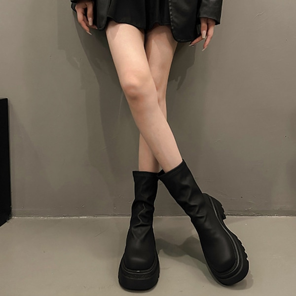 Dam Chelsea Ankle Boots Mid-Calf Låg Häl Platform Chunky Pull On Stövletter