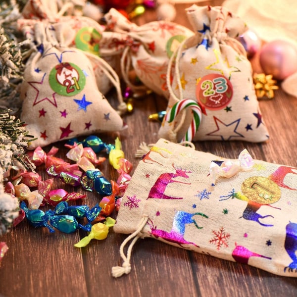 Adventskalenderväskor, julkalender för adventskalendrar gör dina egna, DIY adventspåsar med 24 klistermärken, små presentpåsar att fylla