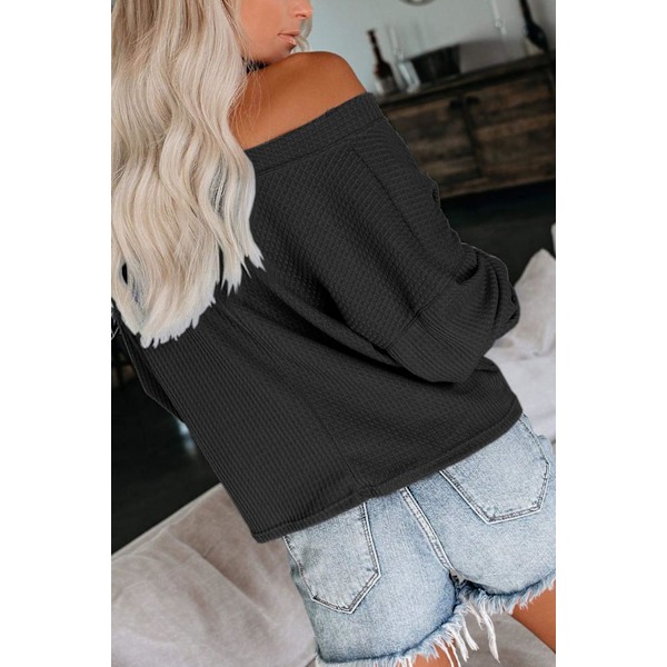 Dame Loose V-hals Waffle Strikket Off Shoulder Langærmet Topp Bluse Pullover