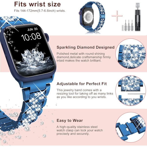 Band 38mm 40mm 42mm 44mm iWatch SE Serie 6 Serie 5 4 3 2 1, Bling Erstatningsarmbånd iWatch Band, Diamant Rhinestone Rustfritt Stål Metall Blue 38mm/40mm