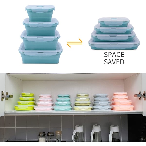Set med 4 hopfällbara silikonmatbehållare, BPA-fria, matlådor för rester med lufttäta plastlock för kök, mikrovågsugn, frys och