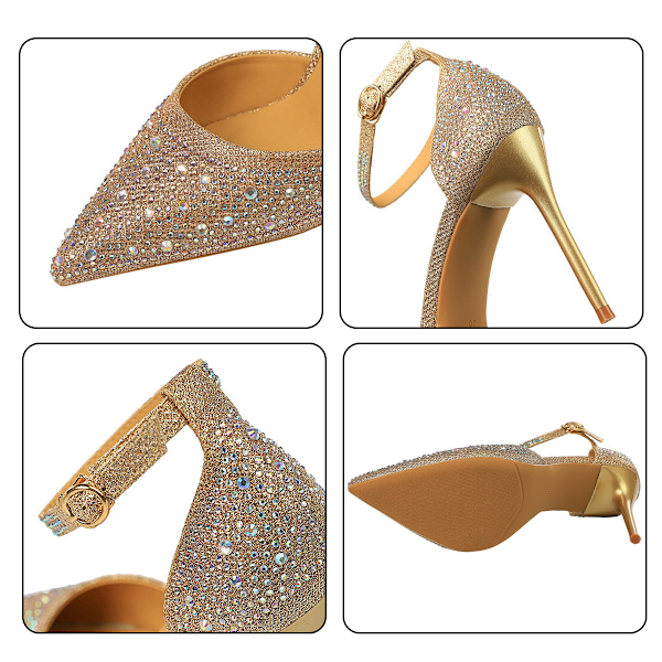 En-rem Glans Rhinestone Sandaler til Kvinder Stiletto Pumps Lukket Tå Mesh Glimtende Rhinestone Ankelrem Kjole Bryllup Fest