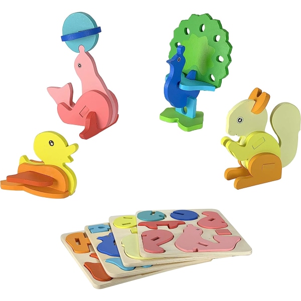 3D djurpussel i trä, set med 4 + e-bok för småbarn K