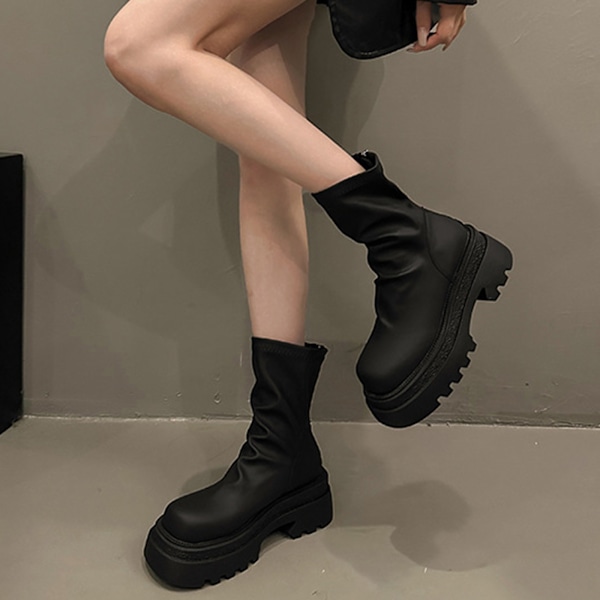 Dam Chelsea Ankle Boots Mid-Calf Låg Häl Platform Chunky Pull On Stövletter