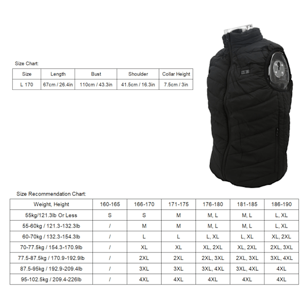 Oppvarmet Vest USB-Drevet 3 Temperaturinnstillinger Lett Elektrisk Oppvarmingsvest for Menn Kvinner Svart L