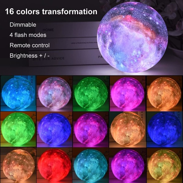 3D-utskrift månlampa, USB laddning 5,9 tum 16 färg månljus