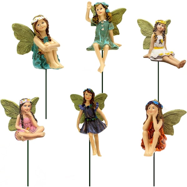 Fairy hagetilbehør utendørs innendørs, 6 stk miniatyr fe figurer for potteplanter og mini hage plen dekorasjoner