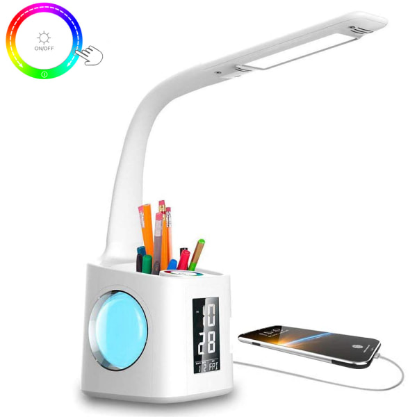 LED-bordslampa med USB laddningsport, nattljuslampa, väckarklocka, pennhållare, kalender, 3-nivås dimmer ögonvårdande bordslampa för