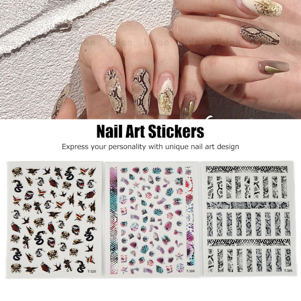 9 Ark Slange Neglekunst Stickers Selvklæbende DIY Manicure Dekoration Neglekunst Tilbehør