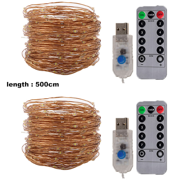 Batteridrivna ljusslingor 2-pack 5 meter 50 LED 8 lägen med fjärrkontroll för sovrum trädgård