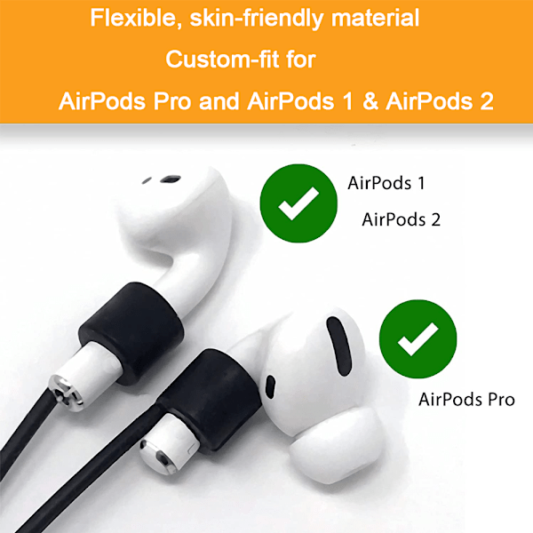 Par Airpods-band kompatibla med AirPods, band till AirPods i slät silikon - perfekt för att hänga hörlurarna runt halsen (svart)