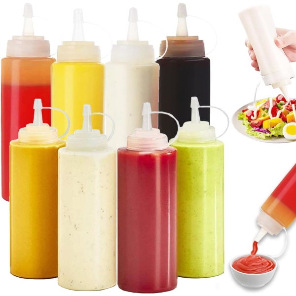 Klämflaskor med lock, 8 st 237 ml klämbara såsflaskor, klämdispensrar i plast – BPA-fri, perfekt för kökssmaktillsatser, ketchup-flaska, majonnäs