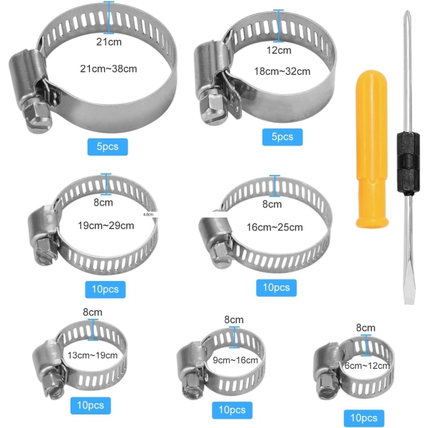 60 st 6-38 mm rostfria slangklämmor och 2 st stålskruvmejslar 7 st justerbara slangklämmor för hushålls trädgårdsslang