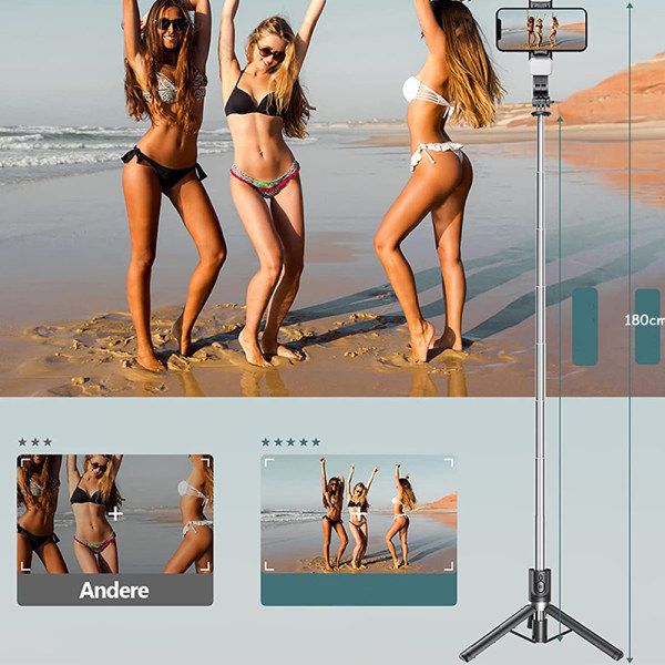 Selfie Stick med opgraderet stativ - 2 LED-fyldningslys, ekstra