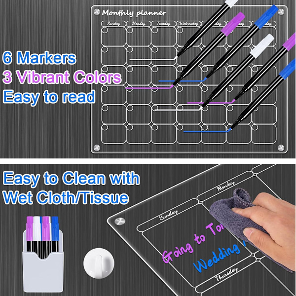 Akryl Magnetisk Tørrmærketavle Kalender til Køleskab, Magnetisk Månedskalender til Køleskab, 11.81\"x7.8\" Tommer Klar Tørrmærketavle Kalender til Style 1