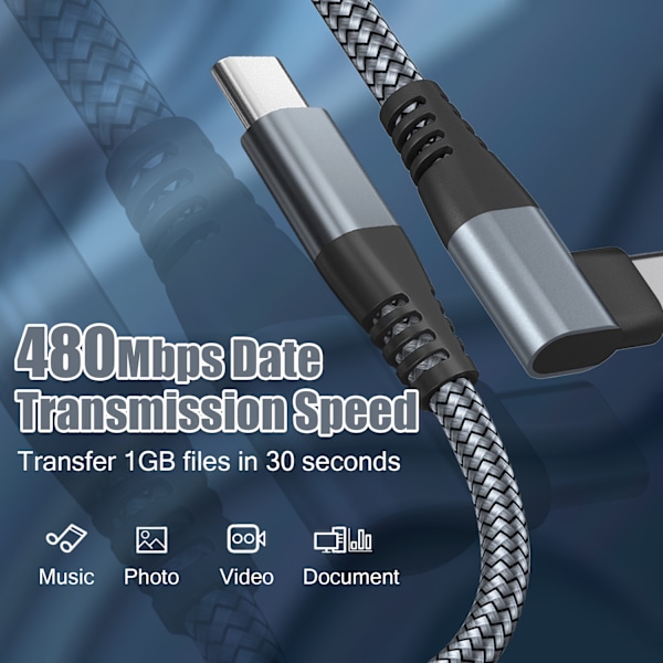 USB-C, Laddare, Vinklad Kontakt, 60 W, Snabb ladde, Grå, 2 m