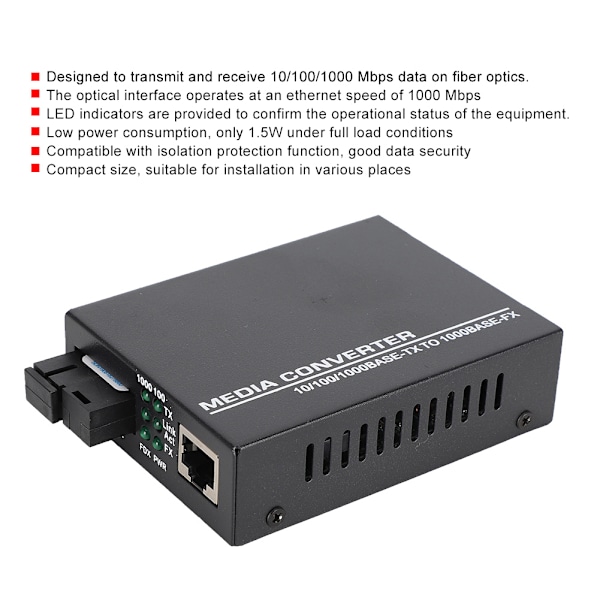 1000 Mbps Ethernet Fiberoptisk Media Transceiver Single Mode Konverter 100-240VUK