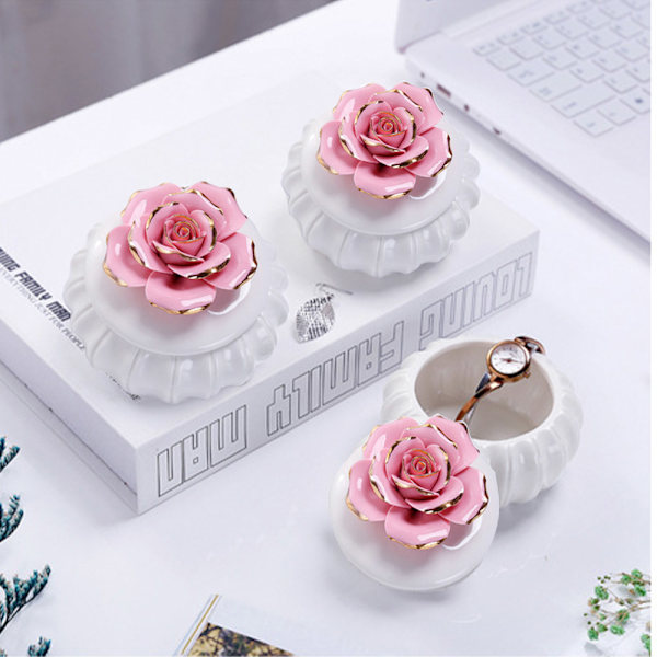 Keramisk smyckeskrin ringhållare smyckesask med handgjord guldkant keramisk blomsterlock för bröllopsdag, födelsedag, bröllopspresent, heminredning för