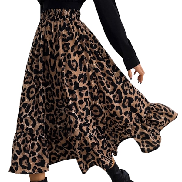 A Line Midi Skirt Leopard Print Ruffle Design Stylish Casual Elastic High Waist Women Midi Skirt Brown M