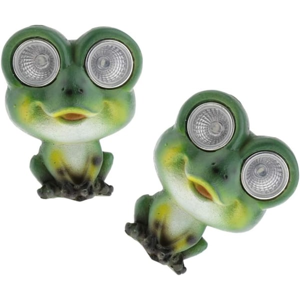 2 delar Resin Green Frog Staty, Solar Outdoor LED Light Eyes A