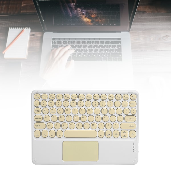 Bluetooth-tastatur med berøringsplate, runde tasthetter, ergonomisk design, stabil tilkobling, 10 tommer, gul