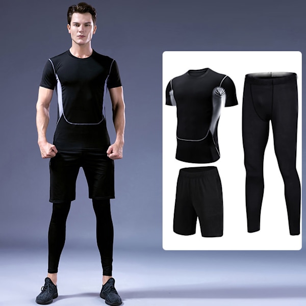 3-delat Set Herr Fitnesskläder Topp Shorts Byxor Sportdräkt Löpning Träning Snabbtorkande Kläder Andningsbart 3-delat Set XL