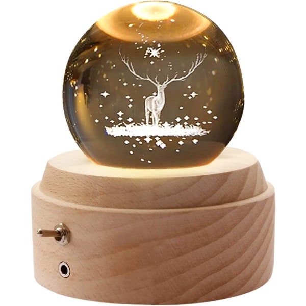 Krystalkugle spilledåse, 360° roterende, træbase, glød ved