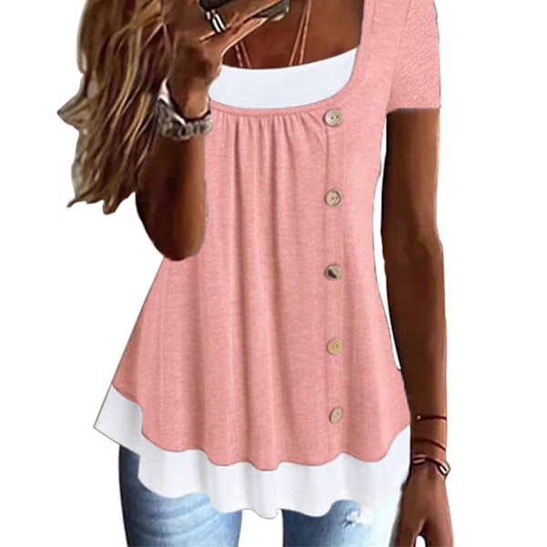 Pink L 2 in 1 T Shirt Pleated Front Button Trim Loose Fitting Summer Casual Blouse for Women