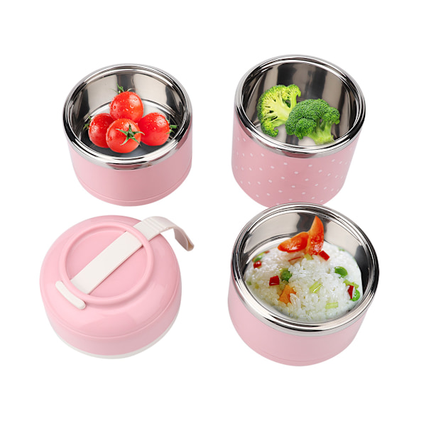 Termisk Isoleret Madkasse i Rustfrit Stål med 3 Rum - Bento Madbeholder (Pink)