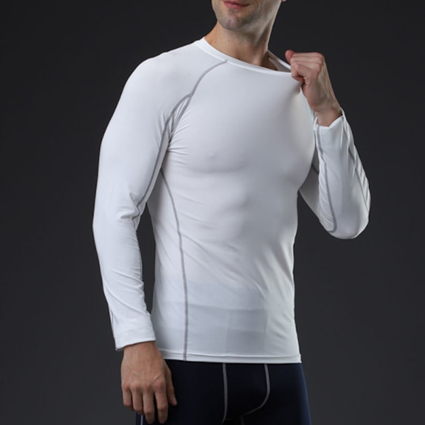 Långärmad Base Layer Löpning Topp Herrar Fitness T-shirt Löpning Sport Träning Snabbtorkande Andningsbar Långärmad Stretch Tights (Vit, XL)