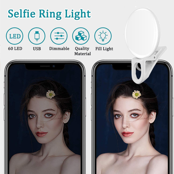 Selfie Clip on Ring Light, Mini Genopladelig Justerbar