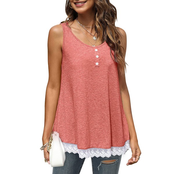 Pink S Kvinder Tanktop Scoop Hals Lace Trim Casual Knappet Løstsiddende Hems Pure Farve Sommer Ærmeløs Skjorte