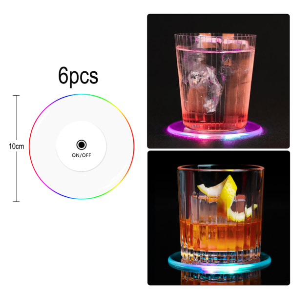 6 STK Krystal tynde LED-underlag til drinks, 3,9'' skridsikre