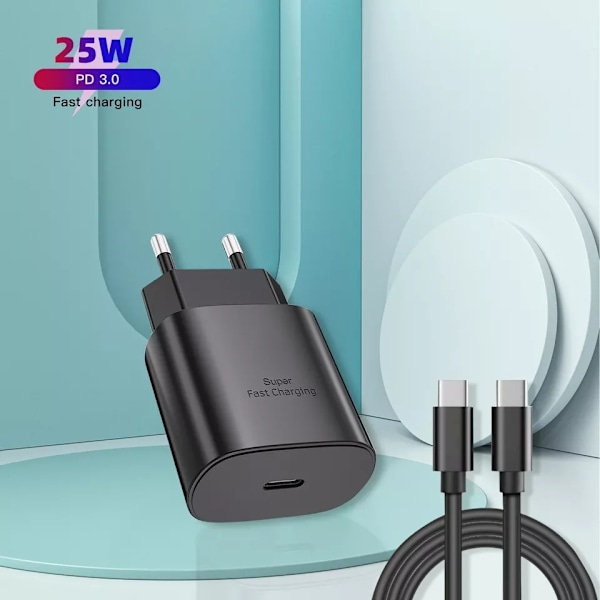 Laddare, Snabbladdare, 25W, USB-C, 2m, Svart