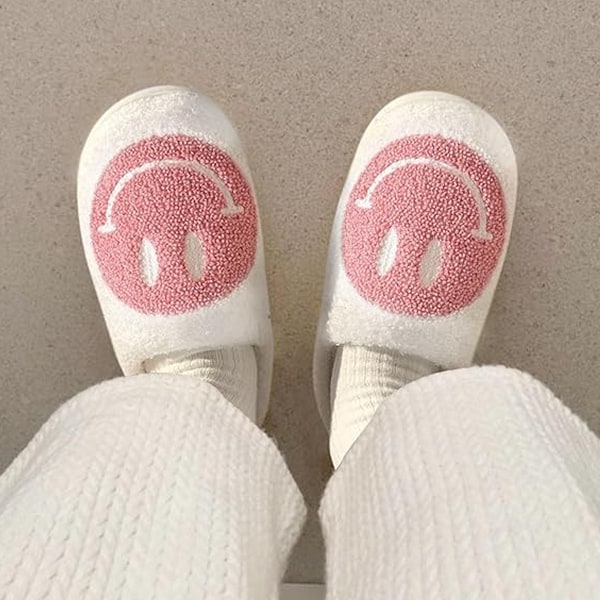 Leende Ansikte Innetofflor för Kvinnor Happy Face Innetofflor Retro Mjuk Plysch Varma Halkskyddande Innetofflor Bekväma Inne- och Utomhustofflor med
