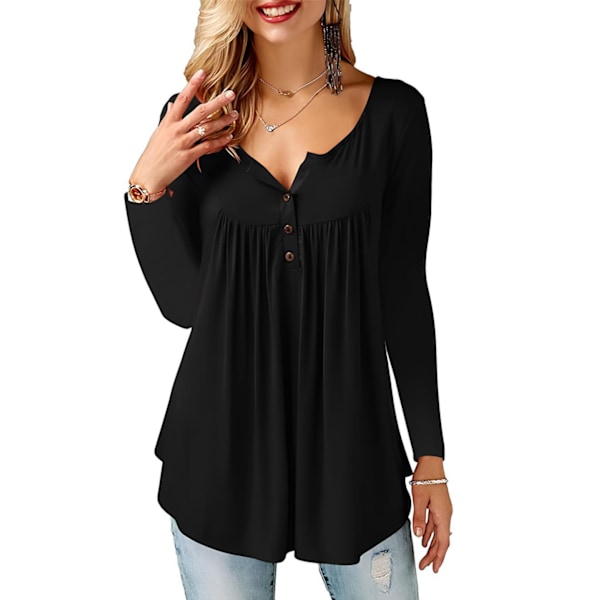 Women's V-neck button placket blouse solid tunic long sleeve tops black XL