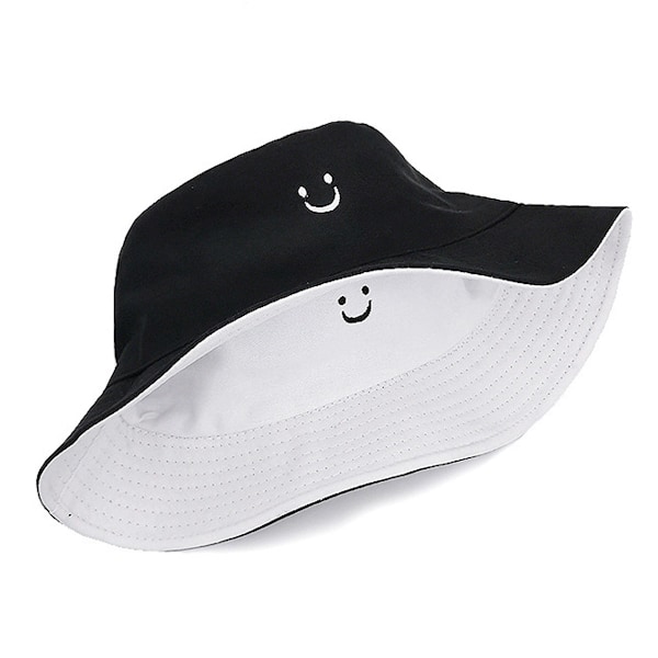 Unisex Bomullshatt med Leende Ansikte Broderi, Vändbar, Resa, Strand, Solhatt, Utomhuskeps